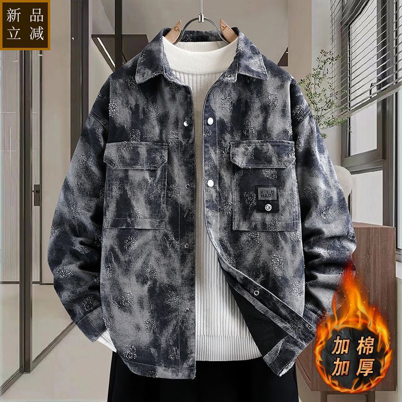 品质加棉加厚牛仔棉服男秋冬季青年翻领宽松夹克潮牌休闲学生保暖