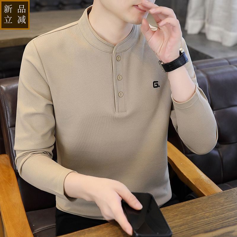 品质复古长袖男亨利领t恤男棉质春季立领中山风硬朗长袖卫衣秋季