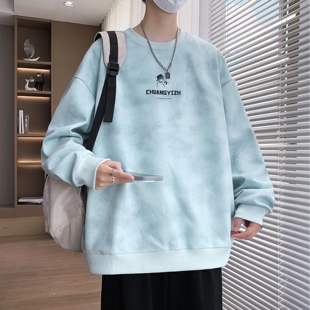 宽松痞帅上衣青少年高中学生长袖 潮牌美式 t恤 春秋季 扎染卫衣男款