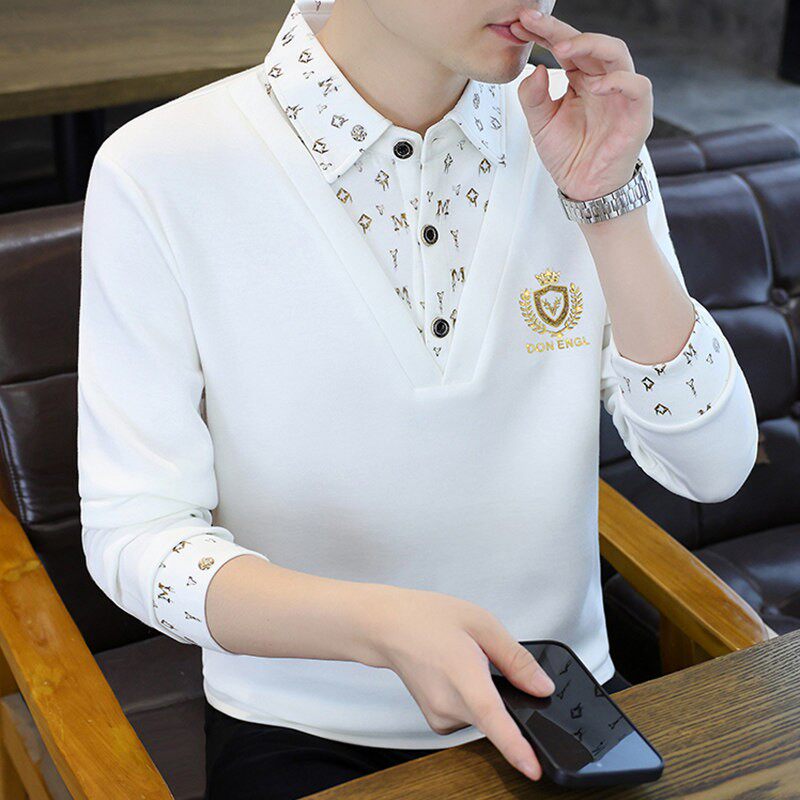 春秋季衬衫领长袖t恤男士韩版休闲高级感欧货假两件Polo衫秋衣服