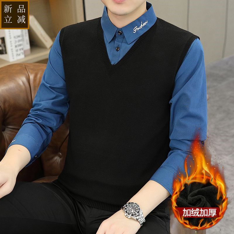 品质秋冬款男士假两件衬衫衬领时尚休闲加绒加厚保暖防寒毛衣针织