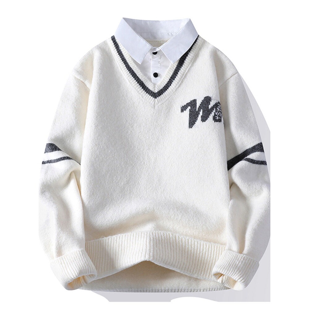 衬衫领毛衣男士秋冬季潮牌宽松假两件针织衫青少年高级感线衣外套