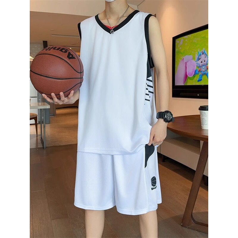 休闲运动套装男款冰丝t恤背心短裤球服帅气篮球服定制球衣男队服