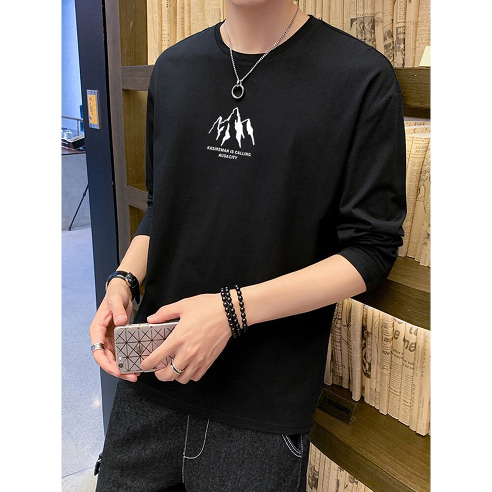春秋季休闲百搭上衣宽松大码重磅纯棉打底衫夏长袖t恤男薄款卫衣