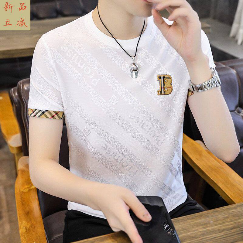 夏季高端刺绣潮牌圆领体恤衫夏装薄款上衣时尚潮流冰丝短袖t恤男