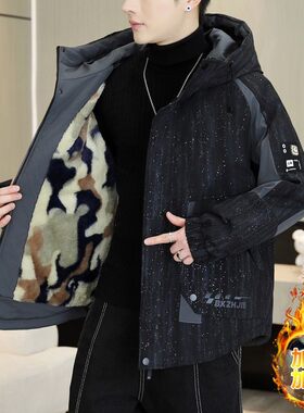 品质加绒加厚外套男士冬季连帽夹克潮流百搭宽松保暖外衣派客服棉