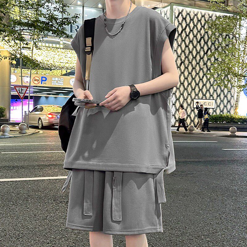 休闲运动套装男夏季冰丝坎肩背心男穿搭一整套无袖t恤高级感衣服