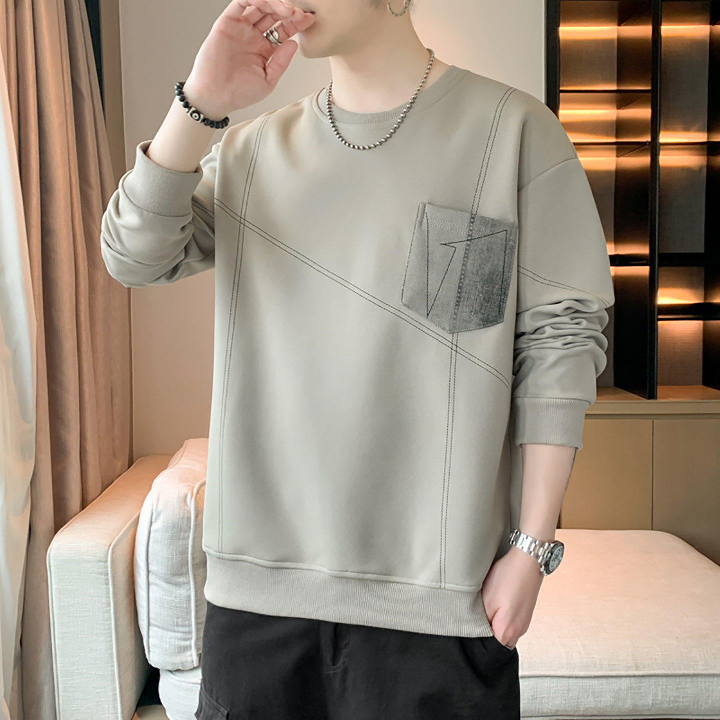 口袋卫衣男2026新款春秋季薄款潮牌圆领长袖t恤宽松美式外穿秋衣