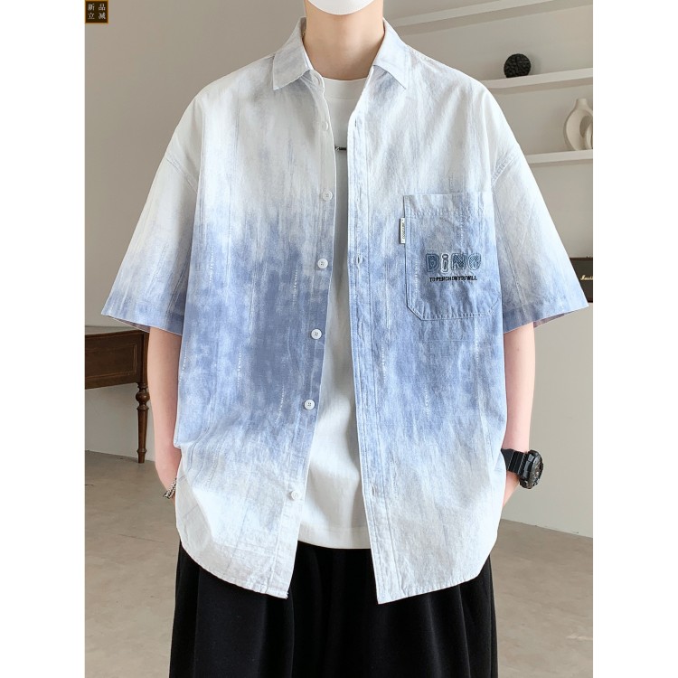 青少年纯棉短袖衬衫男款夏季薄款宽松休闲初高中学生衬衣透气开衫