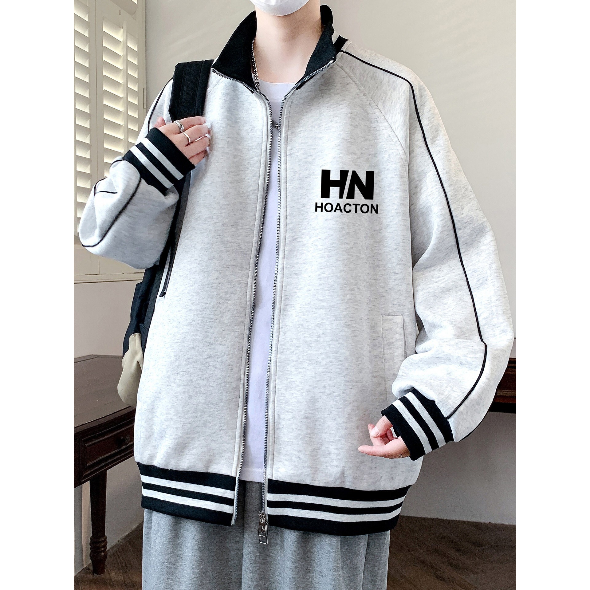 灰色开衫卫衣男士春秋季宽松休闲夹克青少年学生潮流春装男款外套