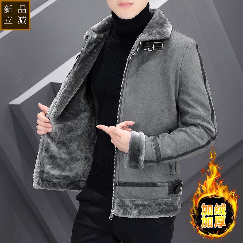品质冬季外套皮衣加绒加厚保暖仿鹿皮绒外套男士潮流韩版男装外套