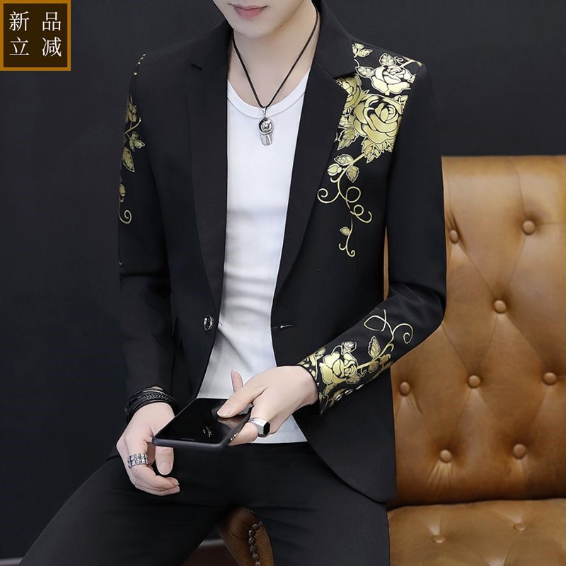 品质男士韩版修身西服男春秋帅气个性小西装夜场发型师休闲西装薄