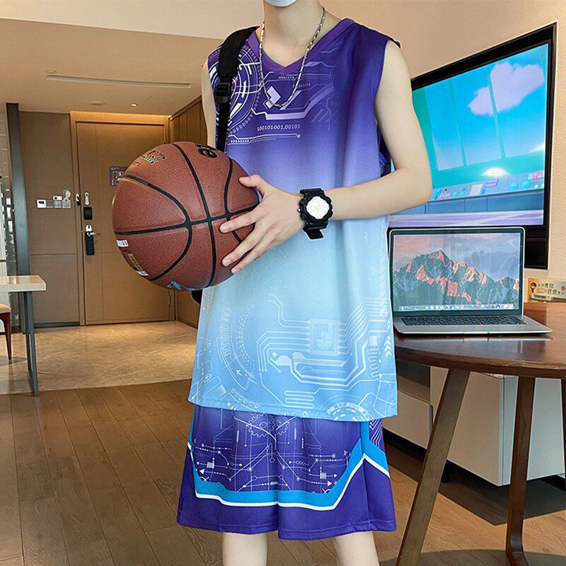 冰丝运动套装男夏季无袖t恤男潮牌渐变色V领背心学生篮球服两件套