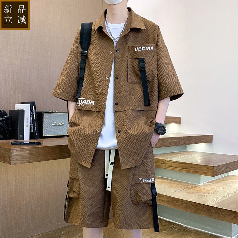 五分袖衬衫套装男夏季短袖短裤两件套男装衬衣休闲穿搭一整套衣服