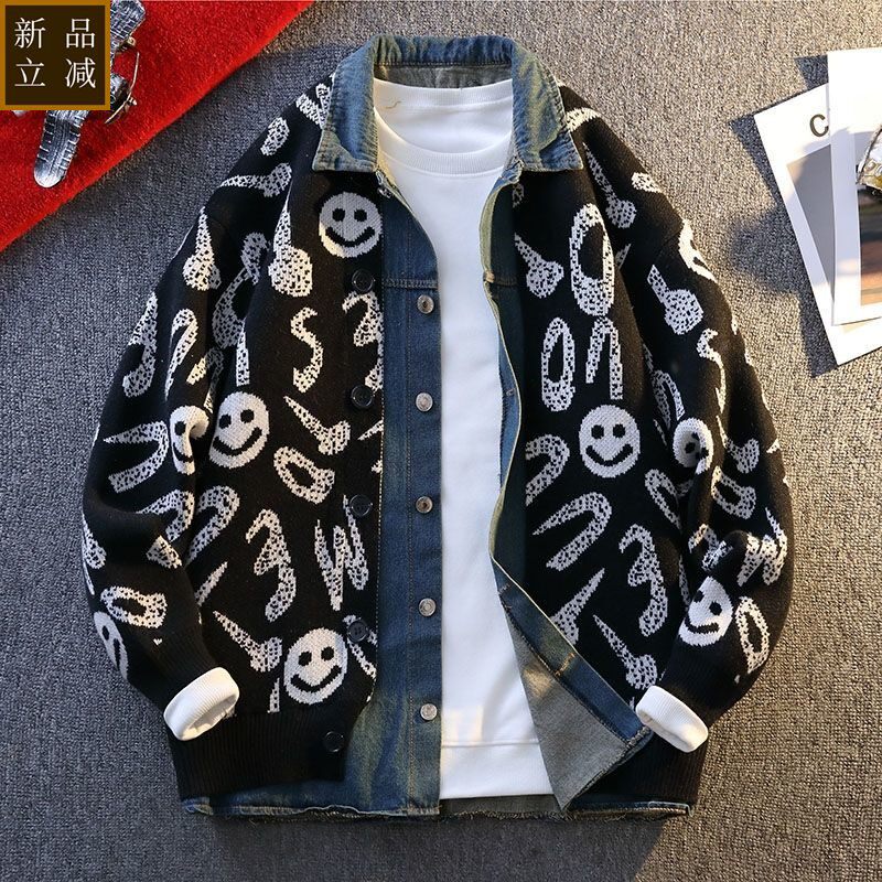 品质2025新款男士春秋季上衣牛仔假两件开衫毛衣翻领潮针织打底衫