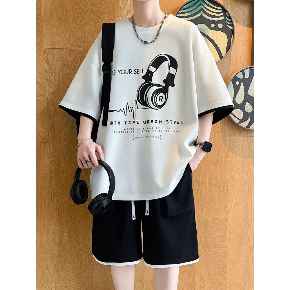 短袖男套装夏季2026新款t恤男冰丝凉感宽松青少年一整套穿搭帅气T