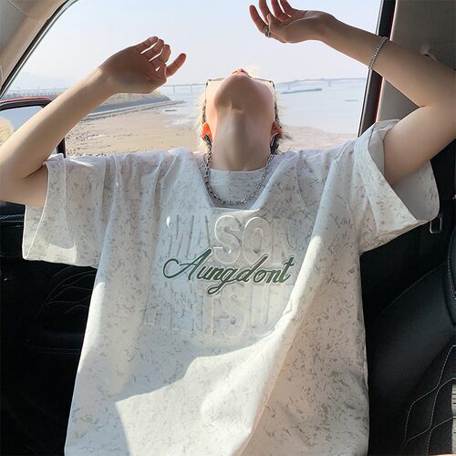 夏季短袖男款宽松钢印五分袖衣服青少年半袖体恤美式风凉感T恤男