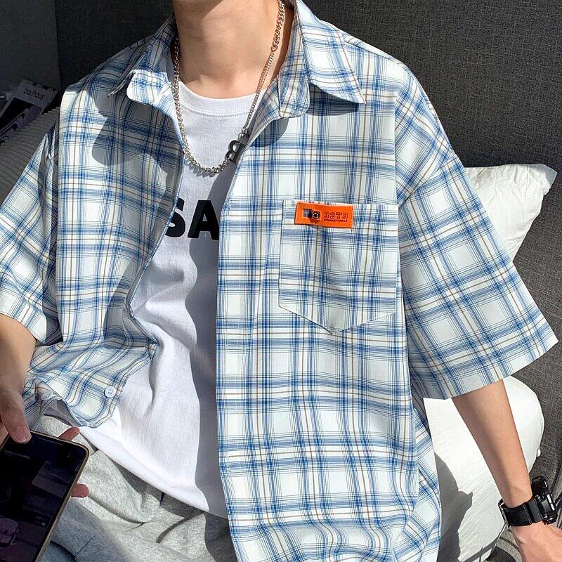 夏季港风宽松大码半袖外套男装韩版潮流衬衣纯棉格子短袖衬衫男士