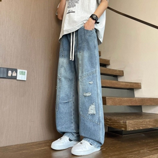 高中学生冰丝大童夏季直筒长薄款腿阔裤子宽松初中牛仔裤青少年男
