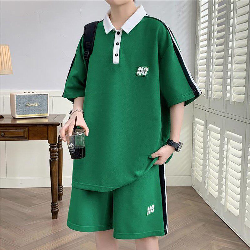 冰丝薄款短袖T恤套装男士夏季翻领polo衫短裤青少年帅气一套衣服