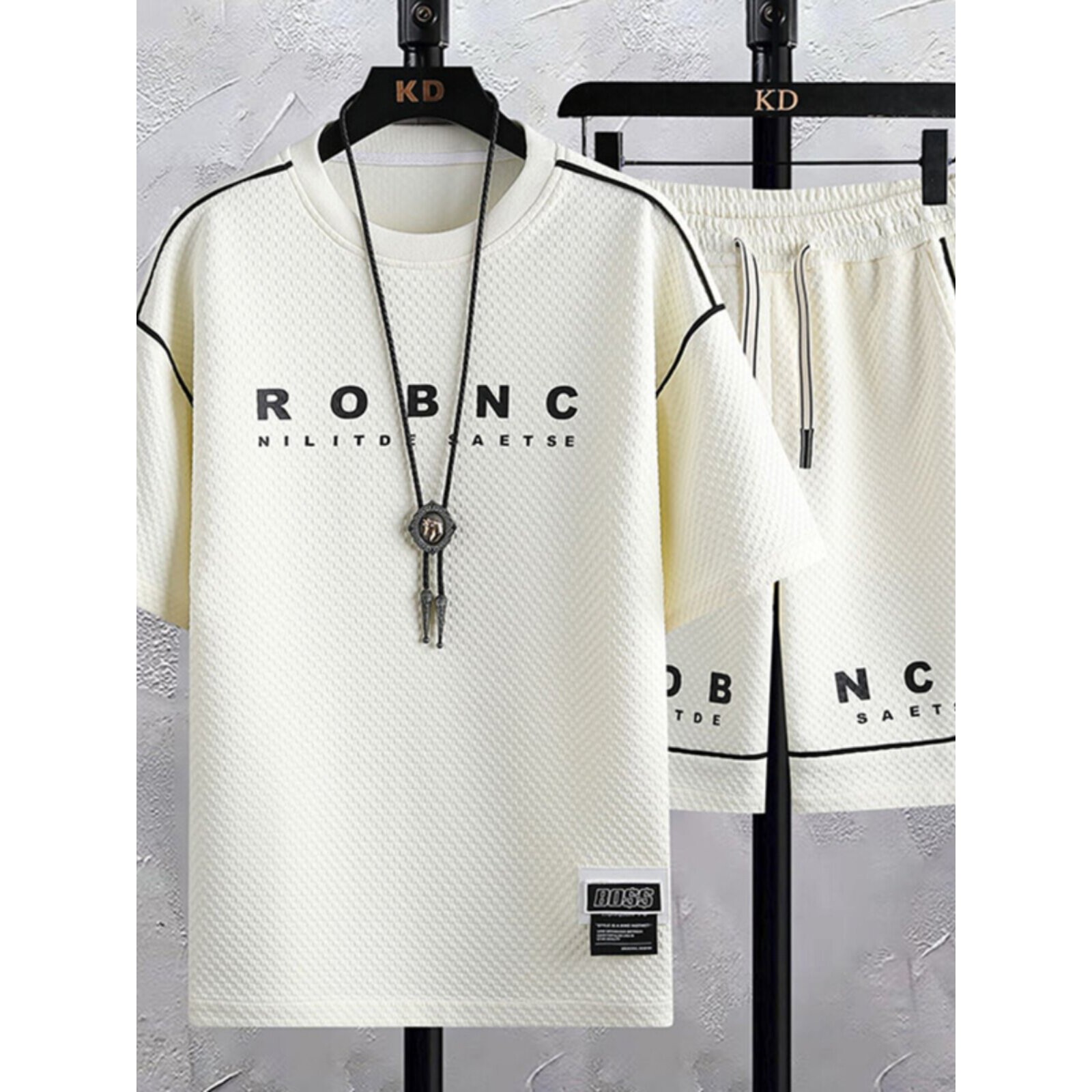 夏季冰丝t恤套装男宽松短袖短裤薄款透气潮流华夫格休闲运动一套