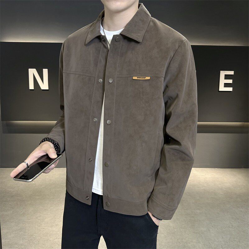 麂皮绒春装外套男士2026春秋季新款潮流加绒上衣服皮衣翻领夹克男