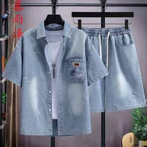刺绣磨破青少年学生夏季短裤潮两件套蓝色牛仔短袖衬衫套装男个性