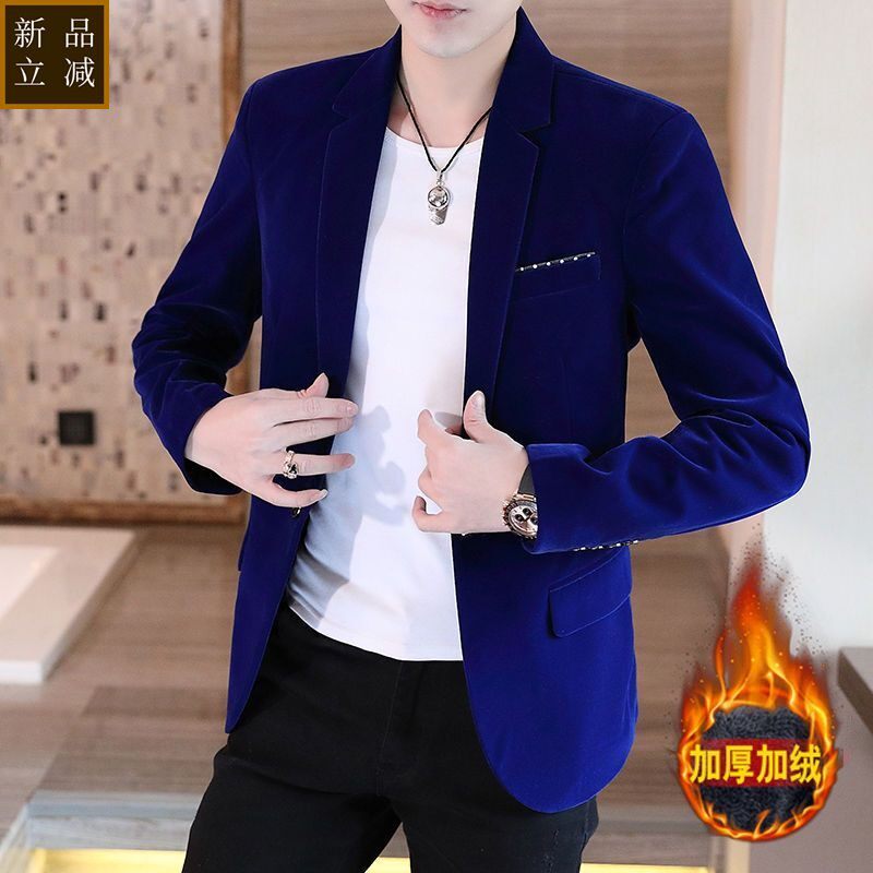 品质秋冬季男士西服新款金丝绒休闲西装外套修身时尚百搭加绒加厚