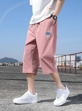 七分裤男士短裤夏季潮流男款粉色7分直筒裤男生夏天6六分中裤子