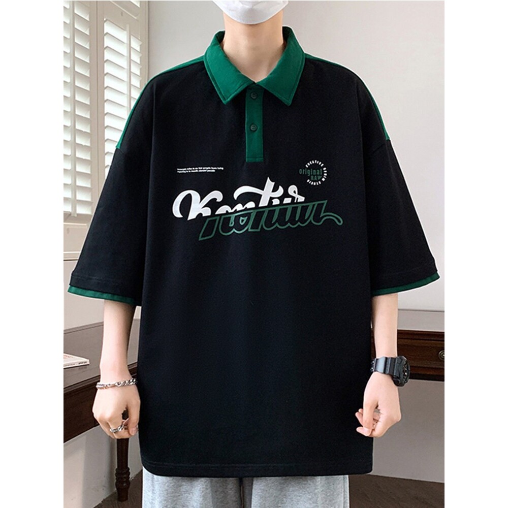 速干polo衫夏季有领短袖t恤男宽松上衣青少年字母印花半袖体恤男t