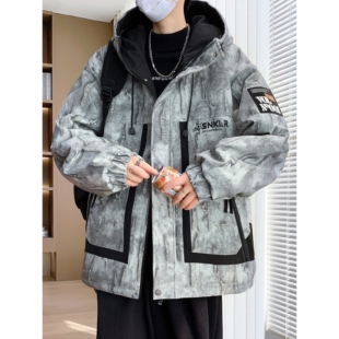 加绒加厚外套男2025新款秋冬季工装夹克男连帽高级感宽松冲锋衣潮
