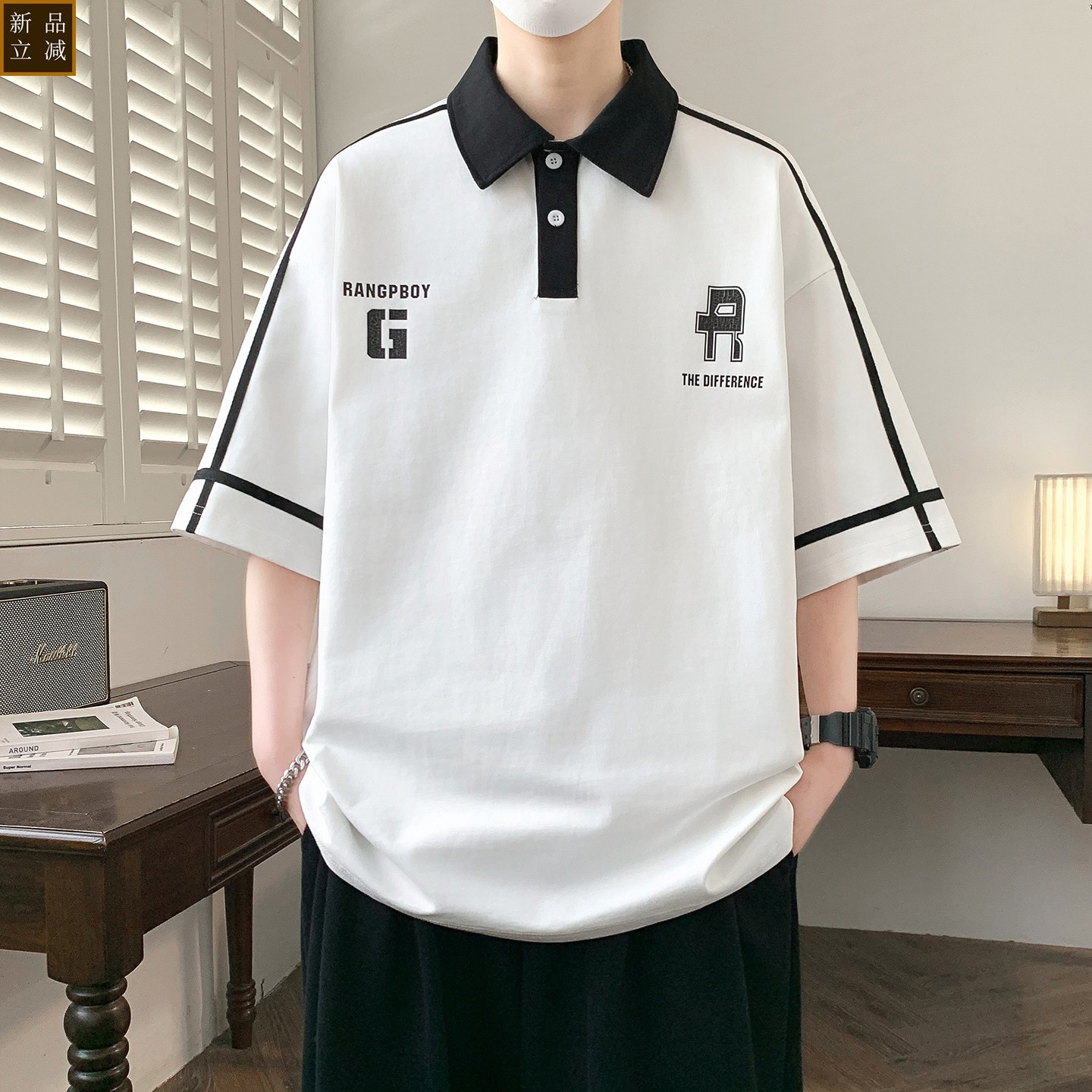翻领短袖男夏季2026新款潮牌学院风半袖男t恤宽松帅气青少年上衣