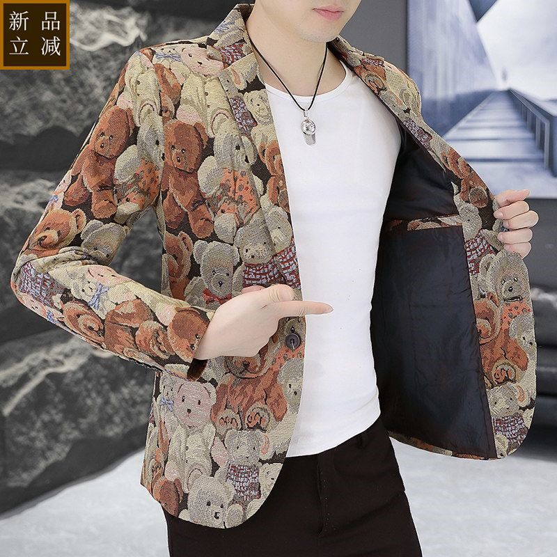 品质耐磨粗布西服男碎花时尚提花潮流男士修身小西装个性花西服外