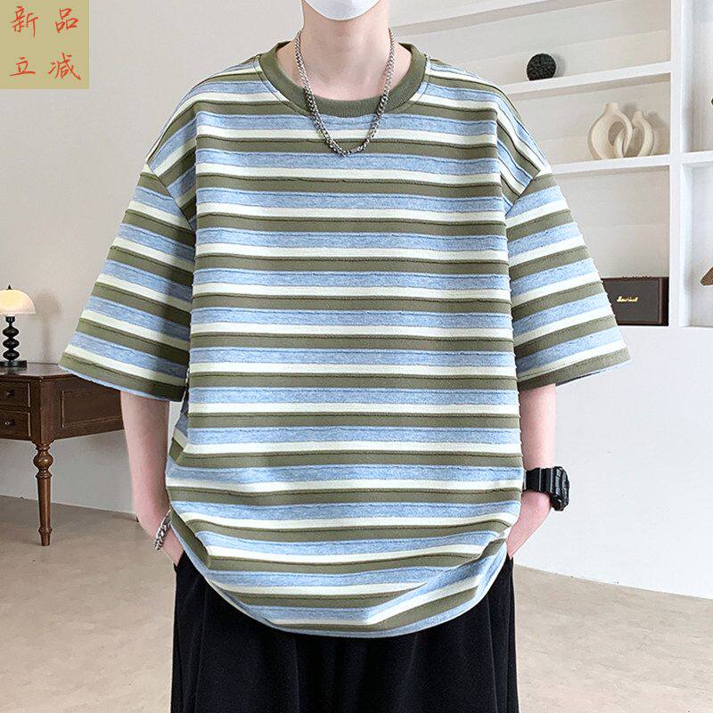 重磅条纹圆领短袖T恤男士夏季新款青少年休闲宽松大码半袖上衣服t