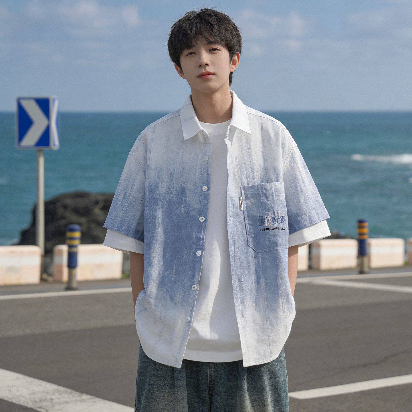夏季休闲宽松渐变衬衣男青少年潮流刺绣夏天薄外套纯棉短袖衬衫男