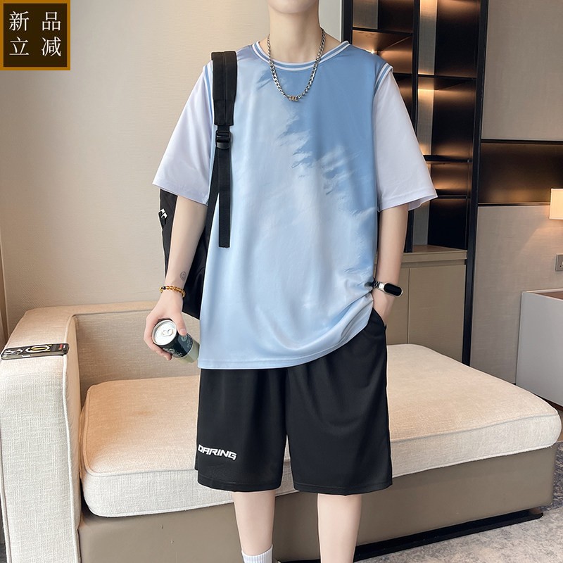 冰丝凉感短袖t恤男篮球服运动套装青少年初高中学生大码速干球衣