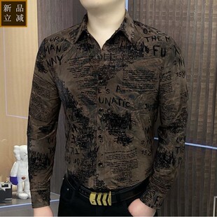 品质2025春秋衬衫长袖衬衣男士时尚休闲潮流修身印花植绒个性韩版