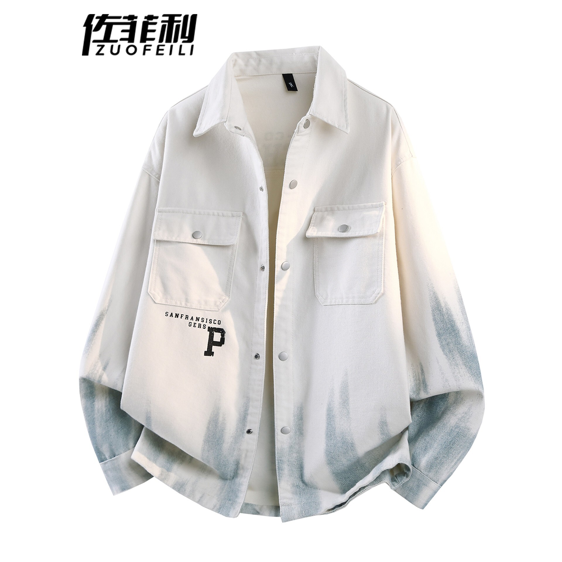 衬衫式夹克男春秋季新款翻领扎染渐变色春装美式风工装口袋外套男