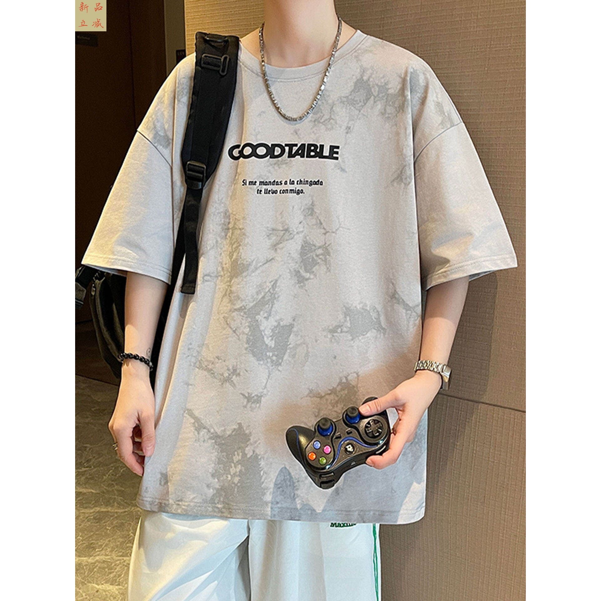 夏季新款短袖t恤男初中学生青少年宽松大童扎染五分半袖上衣服潮