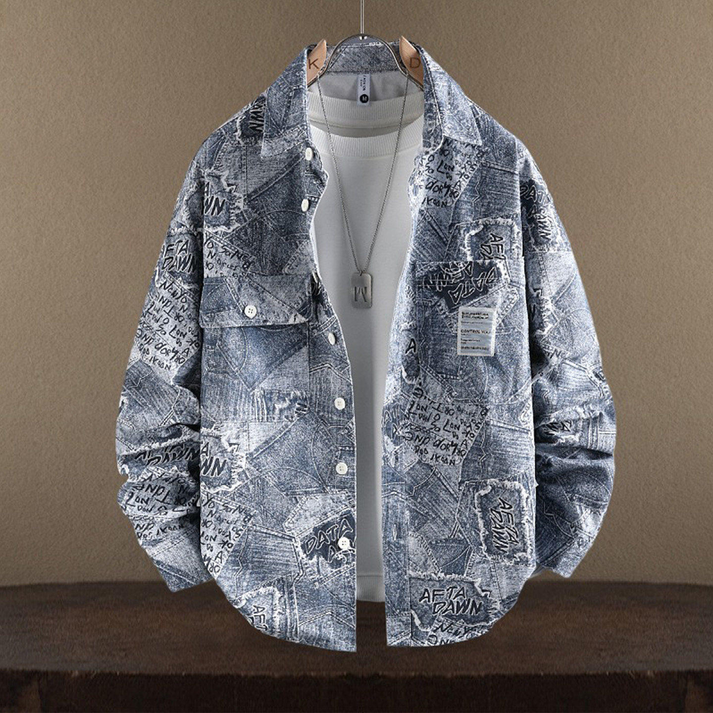 牛仔长袖衬衫夹克男蓝色个性涂鸦印花青少年学生潮春季纯棉薄外套