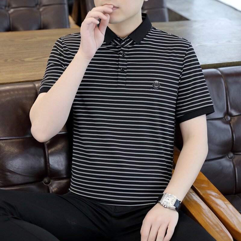 冰丝条纹短袖polo衫男士t恤薄款夏季休闲商务翻领体恤半袖男新款