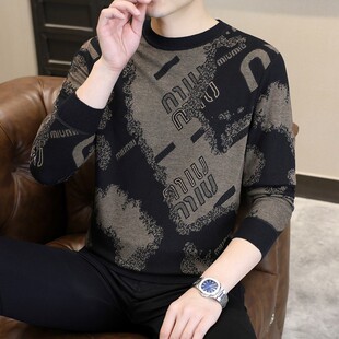 轻奢时尚针织衫男秋冬季内搭复古圆领长袖t恤高级感毛衣薄款打底