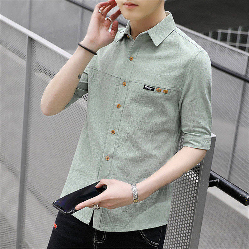 衬衫男士衣服衬衣韩版修身休闲五分袖寸衫短袖帅气5分中袖男装潮