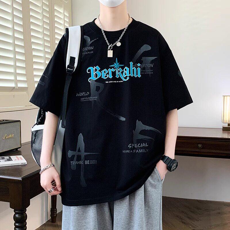 纯棉宽松半袖青少年大童帅气上衣服夏季短袖t恤男孩高中初中学生