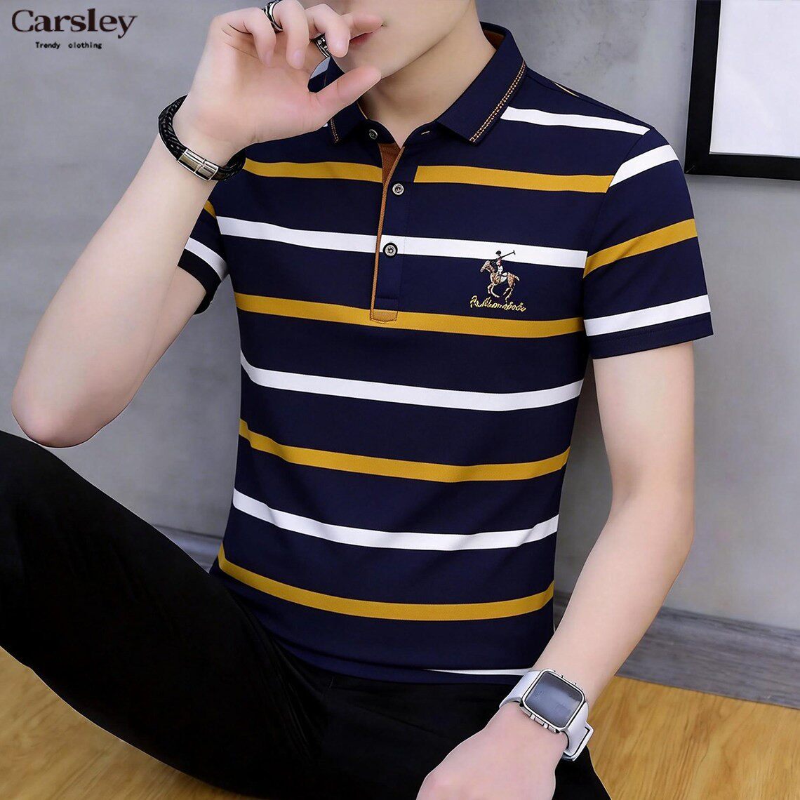 翻领POLO衫男式春夏季2026新款短袖t恤条纹商务高级感纯棉上衣服