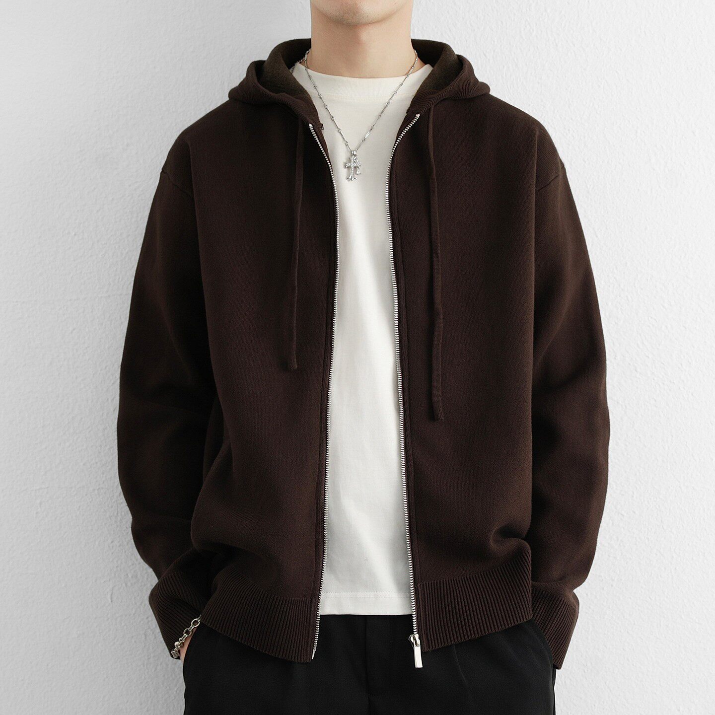 纯棉连帽毛衣外套男高级感春秋季潮针织开衫夹克宽松慵懒风羊毛衫