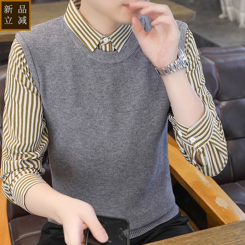 品质秋冬季新款假两件修身百搭毛衣男士潮流长袖打底高档衬衫领针
