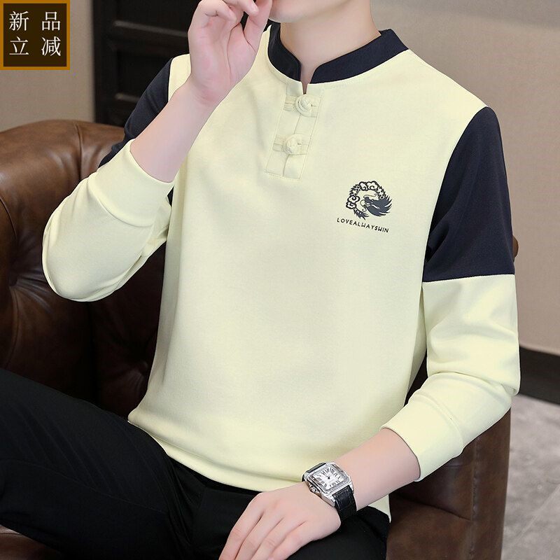 品质中国风t恤男士春秋季立领复古男装薄款青年刺绣新中式卫衣打