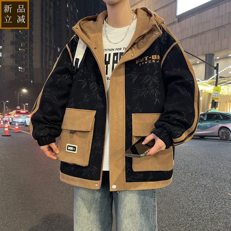 品质春秋款外套男青少年港风潮流字母印花夹克工装连帽大口袋运动