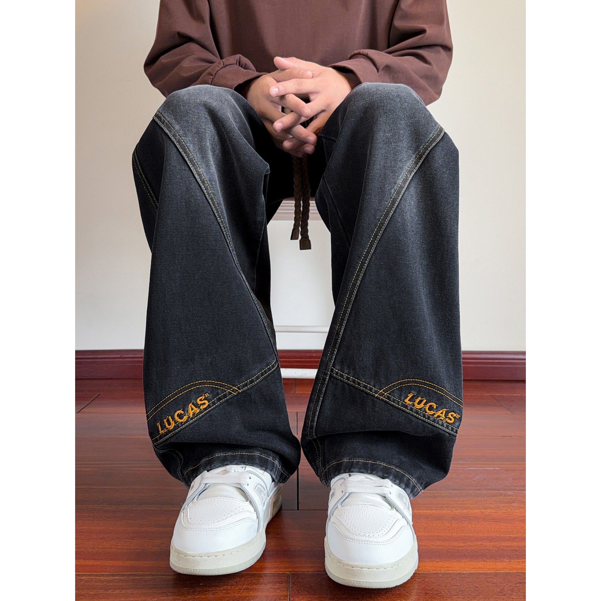 廓形刺绣弯刀牛仔裤男春秋冬季美式复古休闲长裤直筒大码阔腿裤子